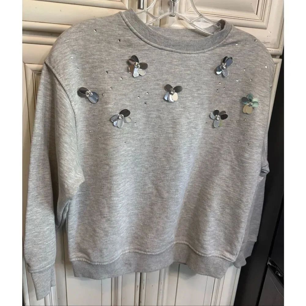 ZARA Girls' 3D Floral Appliqué Heather Crew Neck Sweatshirt Gray Size 11-12